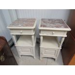 A pair of marble topped painted bedside cabinets 43d x 43w x 81h cm