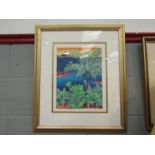 Roli Limited edition Jamaican screen print depicting palm tree, foliage and sea, framed and glazed,