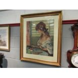 A modern coloured print depicting lady sat at her dressing table, framed and glazed 59.