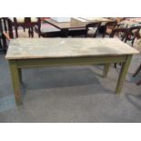 A rustic country scrub top pine and green painted kitchen table of rectangular form,