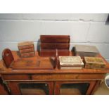 Three decorative boxes, a desk tidy,