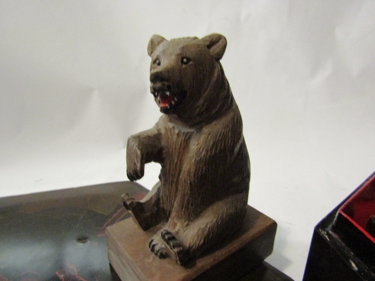 An old lacquer box with wooden chess set, cribbage board, Black Forest bear, - Image 2 of 2