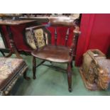 An ash and elm Victorian broad arm smokers bow armchair chair,