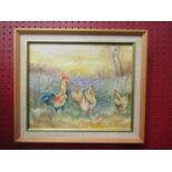 A framed oil on board of chickens dated 1996,