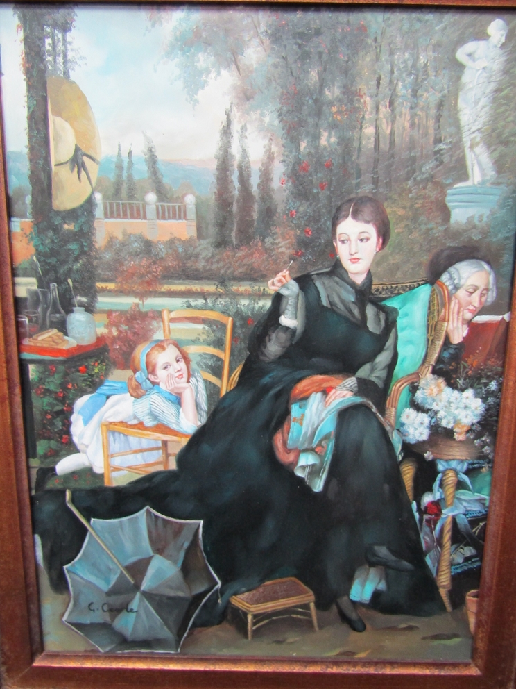 A Victorian style oleograph on board of three ladies, - Bild 2 aus 2