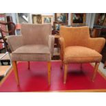 Two 1940s upholstered armchairs with chamfered beach wood legs