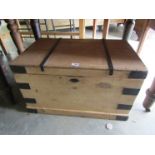 A Victorian waxed pine blanket box with metal corners