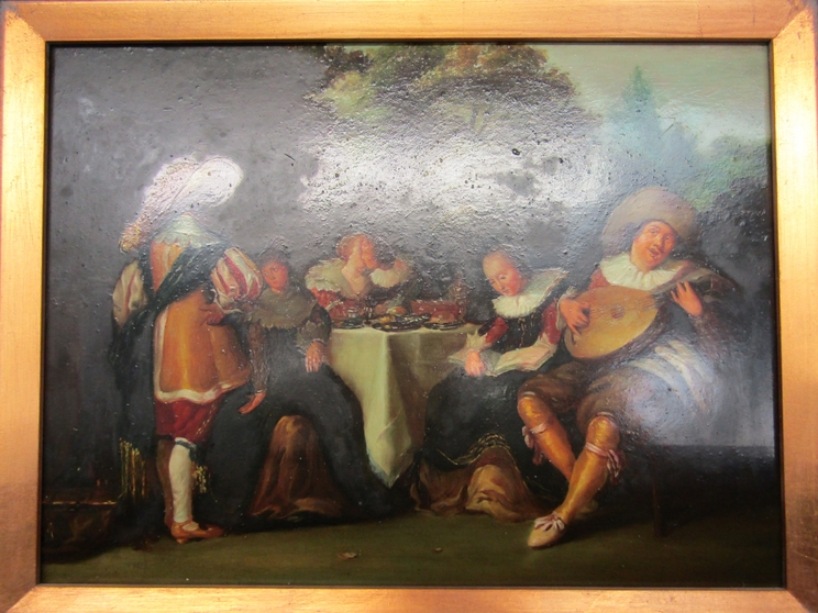 A modern oileograph on board of a flute player 55x66cm