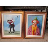 An oil on canvas of a clown playing golf and another glown with green hat