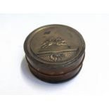 A Victorian style Grand National Emblem 1863 horn and metal snuff box inscribed Emblem 1st Mare to