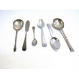 A silver seal topped commemorative spoon, pineapple finial topped spoon, pair of Georgian teaspoons,