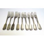 A matched set of nine Victorian silver forks, six by Charles Boyton (II),