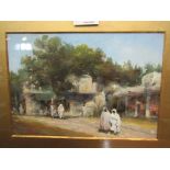 An early to mid 20th Century oil painting depicting an Arab village scene,