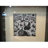 A modern monotone print depicting hares in field, black frame,