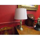 A pair of brushed metal table lamps and shades,