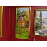 "Thatching & Scratching", oil on board, modern gilt frame, English Artist Linda Benton, Oxfordshire,