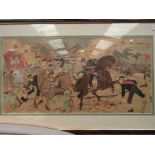 A 19th Century Japanese woodblock print of cavalry battle panorama, framed and glazed,