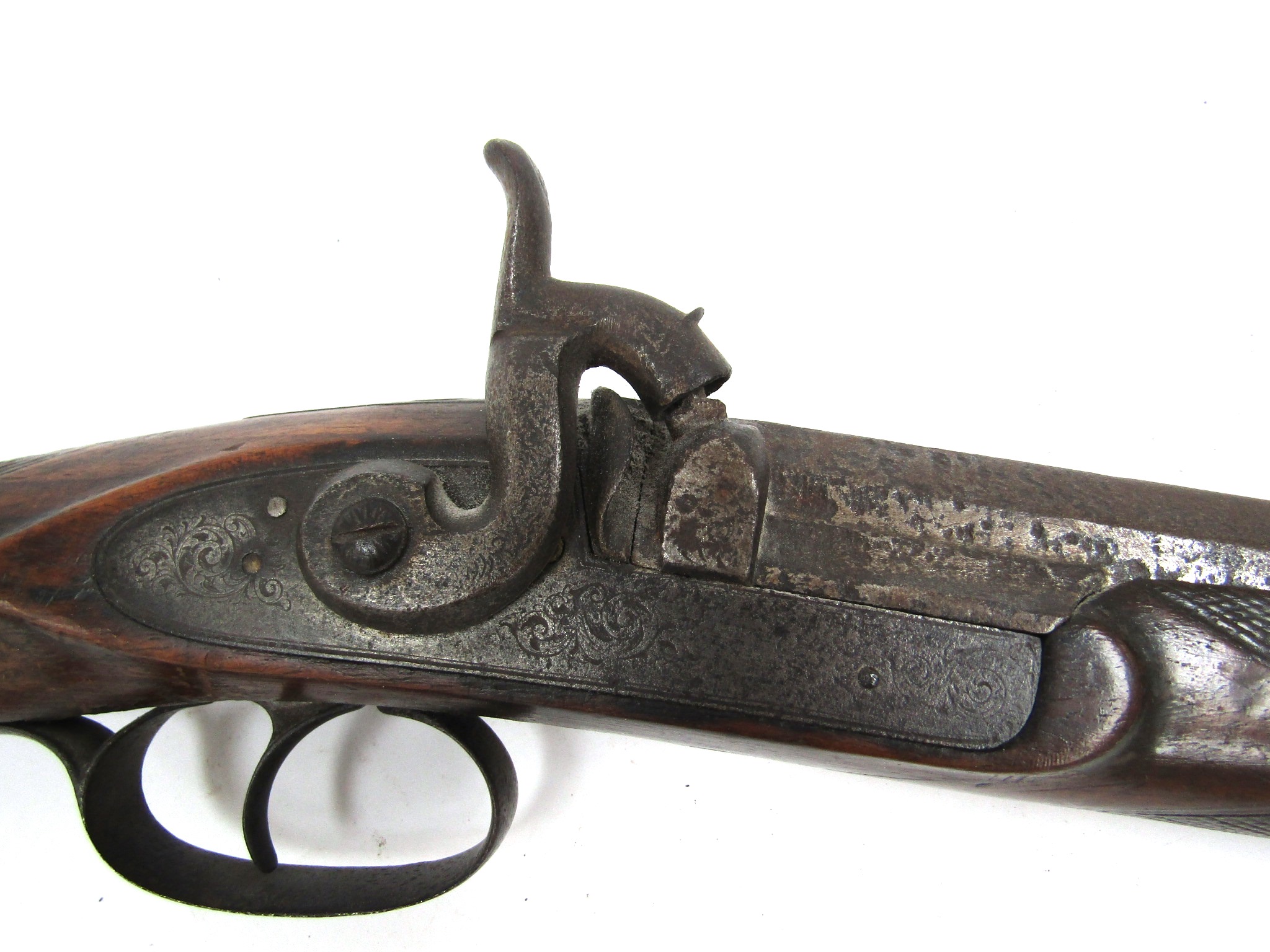 A 19th Century shotgun, the lock plate and hammer with chased foliate engraved detail, - Image 2 of 5