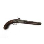 An early 19th Century percussion pistol with drum and nipple conversion from flintlock,