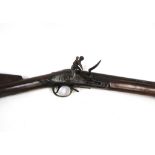 An India pattern Brown Bess flintlock musket with GR and Tower mark, no ramrod, 139cm total length.