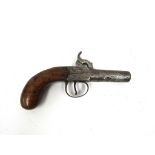 A 19th Century percussion box lock pocket pistol, the metalwork with signs of engraving,