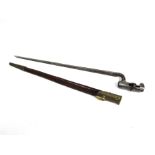 A Victorian British Enfield Model 1853 socket bayonet with brass mounted brown leather scabbard