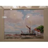 KEN CURTIS: A watercolour of boats at Pin Mill, framed and glazed,