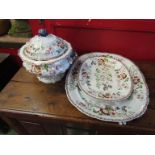 A late 19th Century real stone china covered tureen and oval meat plate and bowl,
