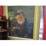 A 1950's oil on board depicting a fisherman in pub, indistinctly signed lower left, framed,