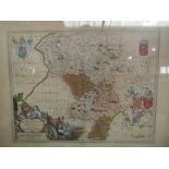 A hand-coloured map engraving after John Blaeu of Derbyshire, figural and coat of arms details,