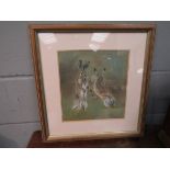 CAROL PELL: A pastel of boxing hares, 27cm x 25cm,