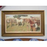 After Alfred Munnings, An ornate gilt framed print 'The Lavenham Horse Fair'. Labelled verso.