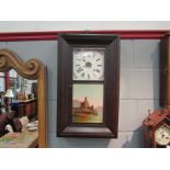 An American Ansonia wall hanging clock with painted castle scene to glass,