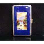 An enamelled cigarette case depicting a bridge with two figures in row boat beneath,