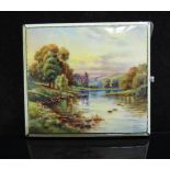 An enamelled cigarette case depicting a meandering river with a pale green border,