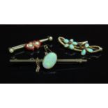 Three gold bar brooches, red enamel heart and pearl, opal and ruby flowers and oval opal examples,