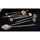 Nine various stickpins including Blue John example