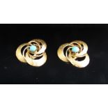 A pair of textured gold and turquoise set clip-on earrings, stamped 14k, 7.