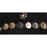 A 19th Century carved lava cameo bracelet, the six panels depicting female and male busts,