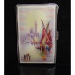 An enamelled cigarette case depicting eastern boating scene, stamped 925 makers mark T.K&Co, 8.