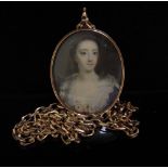 A miniature oval portrait of Mary Duchess of Norfolk 1759, engraved to back, 4.5cm x 3.