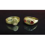 Two 18ct gold rings one with crest, one stones a/f, 5.