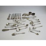 Silver items including napkin rings, part sets of teaspoons and silver handled butter knives etc,