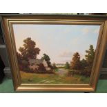 An original oil painting by Howard Shingler depicting early evening over cottage and rural pastures,