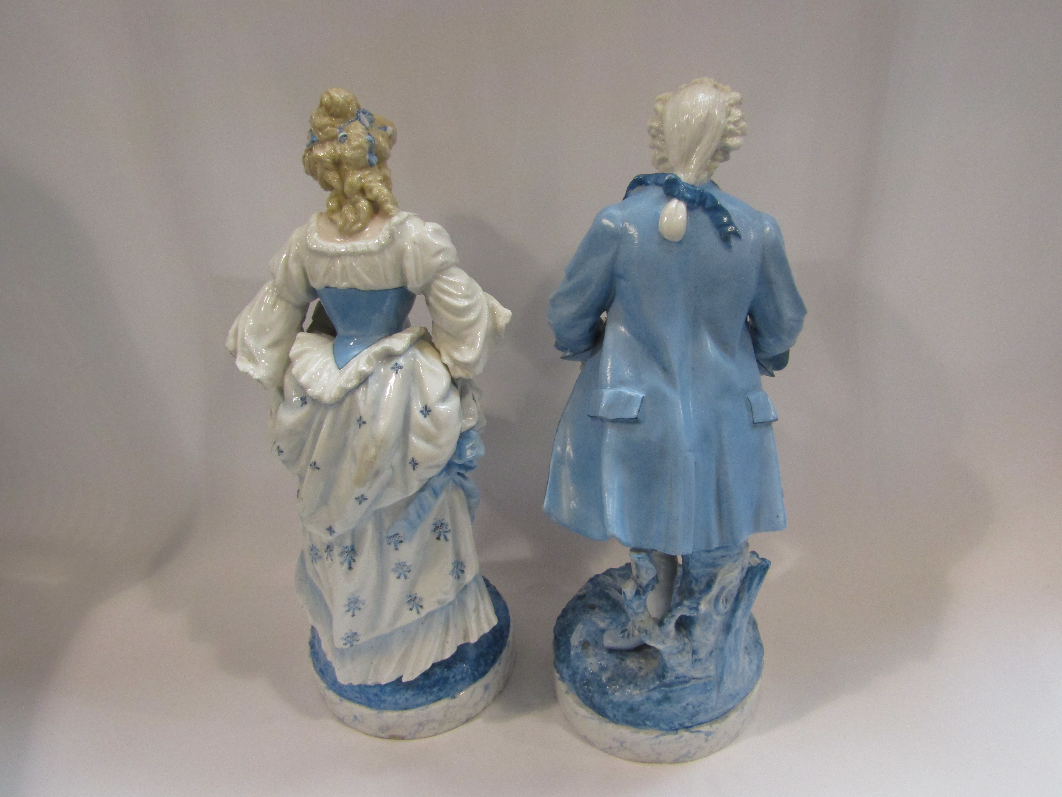 A large pair of late 19th Century bleu de ciel and white Continental porcelain Dresden type figures - Image 2 of 2