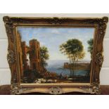 A modern painting in the classical style, with ruin, figures and sea, gilt framed,