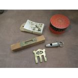 Bygones including whistle, purse, level,