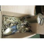 A box of brasswares including miners lamp