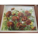 A circa 1970 oil on board, chrysanthemums still life, indistinctly signed,