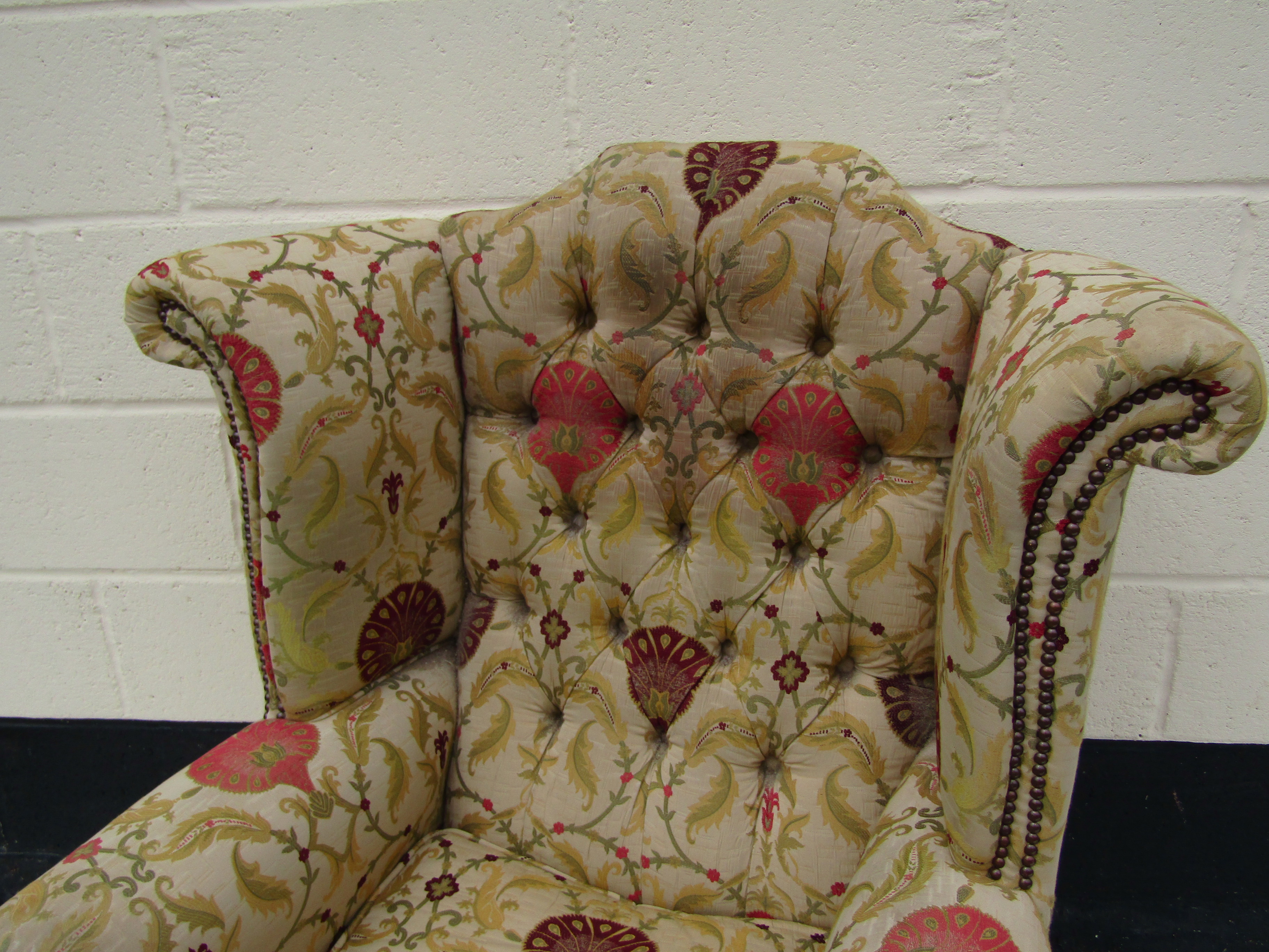 Plumbs Silk upholstered wingback armchair with button back, discolouration to head rest and arms, - Image 2 of 2